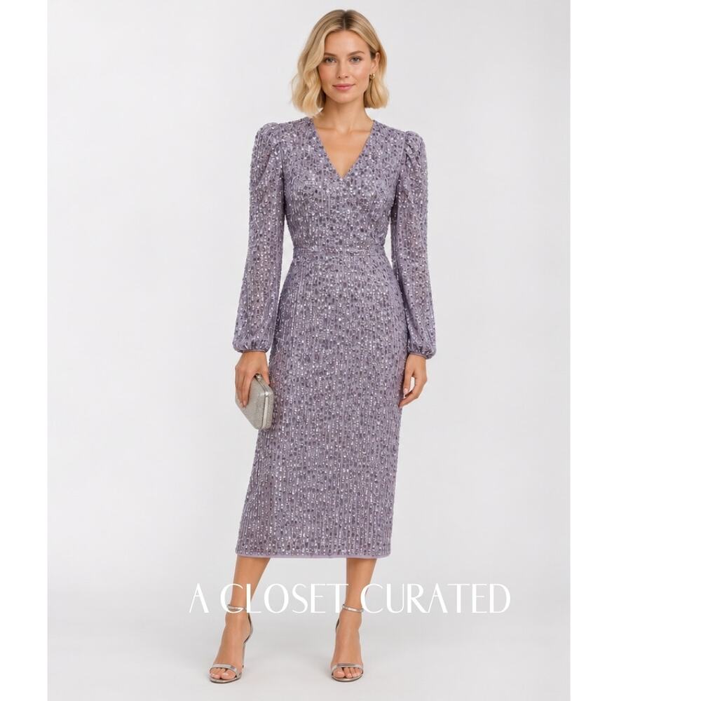Mac Duggal Sequined Illusion Puff Sleeve Midi Dress 4 Purple NWT Style 107641